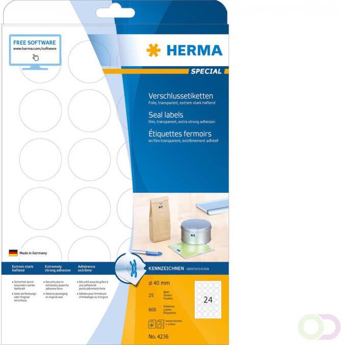 Herma Sluitetiketten extreem sterk hechtend A4 Ã 40 mm weervast transparant